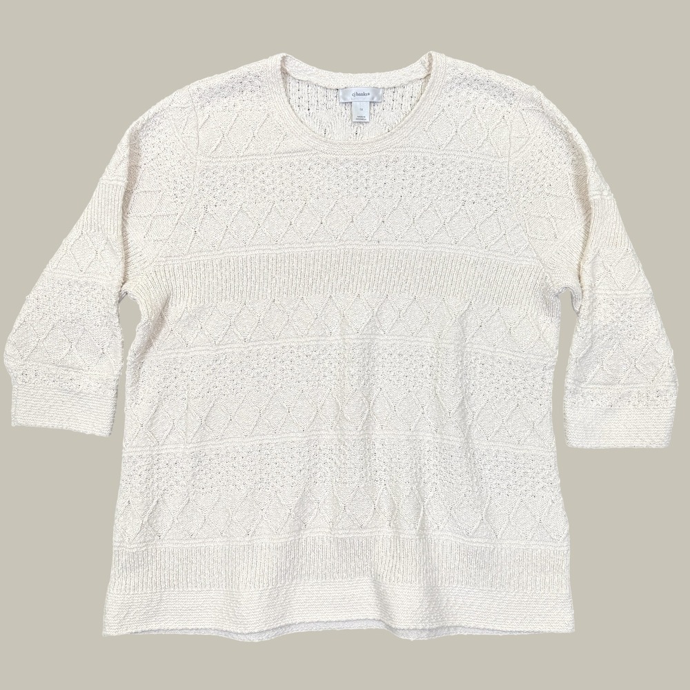 CJ Banks Sweater Women 1X Cream Pointelle Knit Cotton Three Quarter Sleeve Top